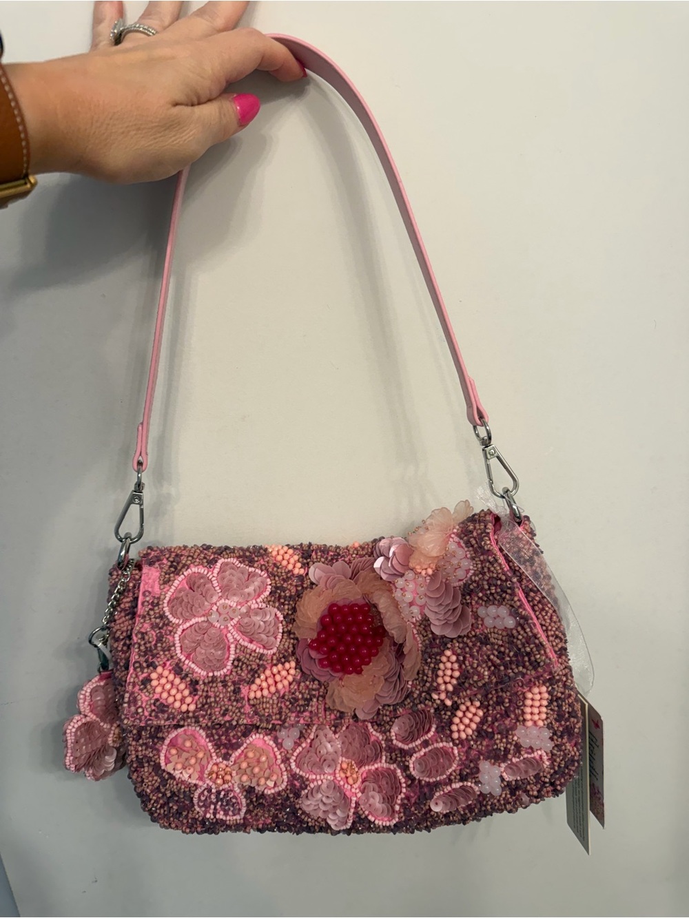 Pink Floral Beaded Shoulder Bag